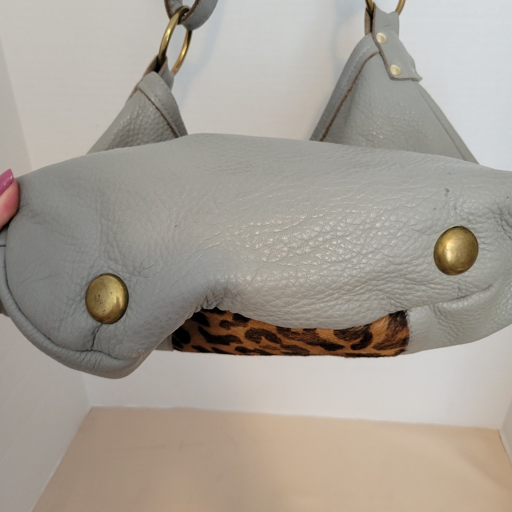 Romag Grey Pebbled Leather Leopard Calf Hair Hobo Bag Gold Hardware - Picture 8 of 16
